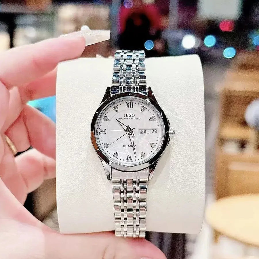 Classic Women's Watch IBSO Love Thought Displaying Day Calendar Butterfly Double Buckle Quartz Business Style Round Dial Ladies' Watch