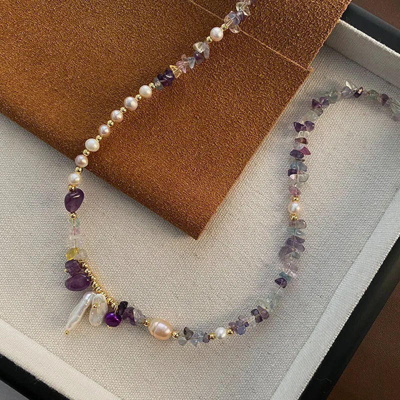 Freshwater Pearl gravel Titanium Steel Beaded Chain Geometric Necklace