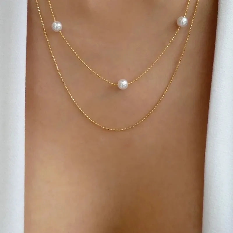 women's simple style solid color imitation pearl alloy necklace layered necklaces