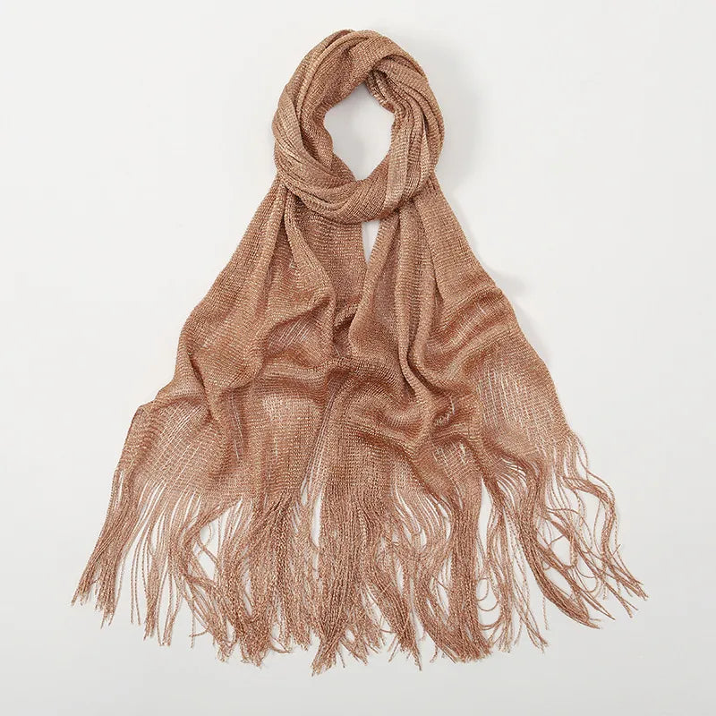 Women's Elegant Solid Color Gold and Silver Wire Tassel Scarf