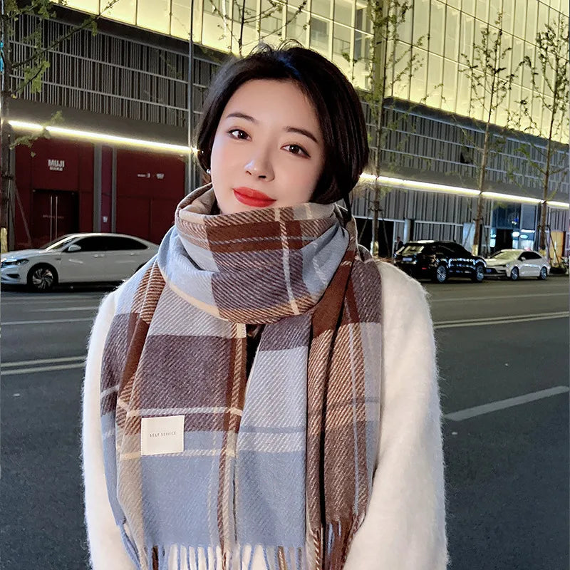 women's fashion plaid imitation cashmere tassel winter scarves