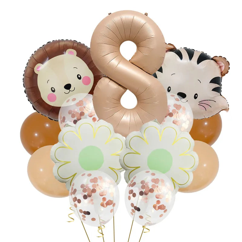 Retro Forest Tiger Lion Animal Balloon Set Caramel Digital Birthday Party Decoration Balloon Aluminum Foil Material