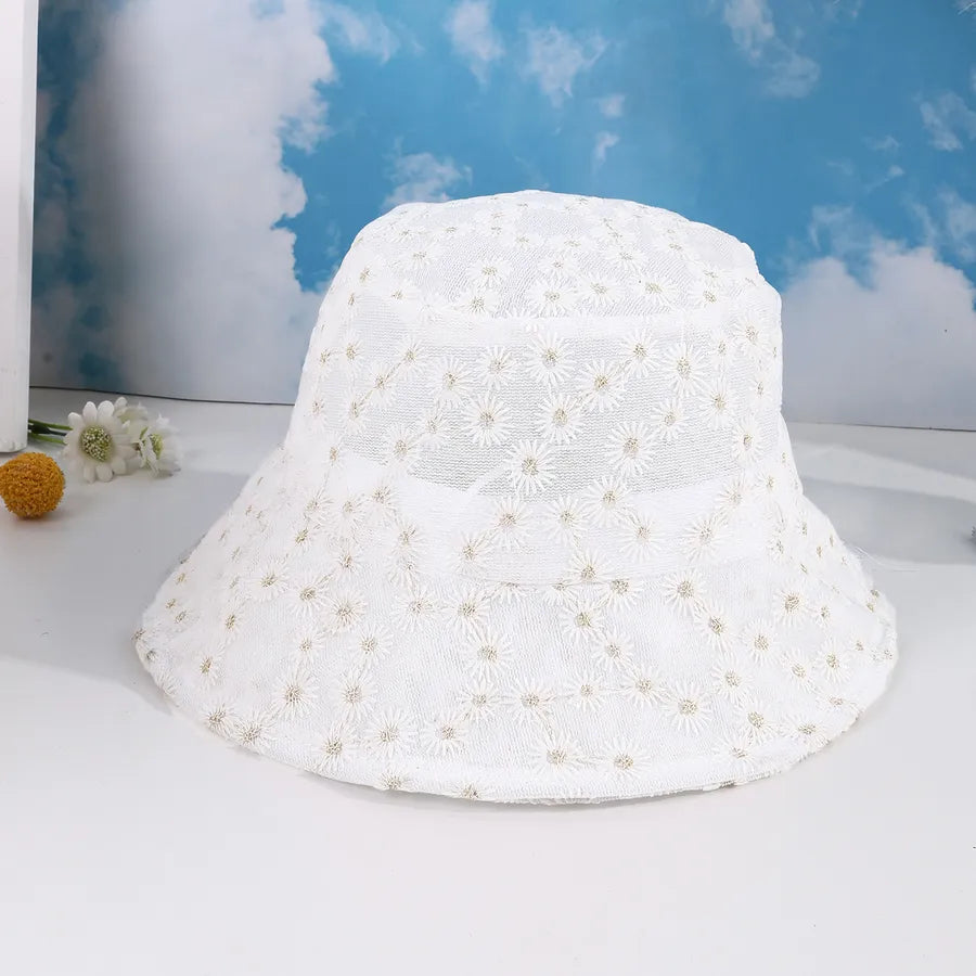Women's Casual Japanese Style Korean Style Daisy Embroidery Hollow Out Wide Eaves Bucket Hat