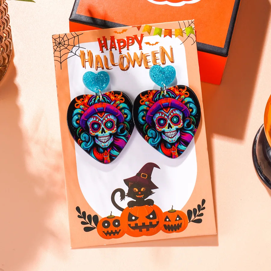 Creative Acrylic Skeleton Head Earrings Set For Women Halloween Theme Personalized Fashion Jewelry Love Shape Card Included