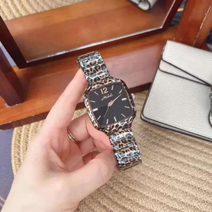 Mishali Square Large Dial Fashionable Women's Watch Stainless Steel Strap Leopard Print Casual Style Quartz Movement Mineral Glass