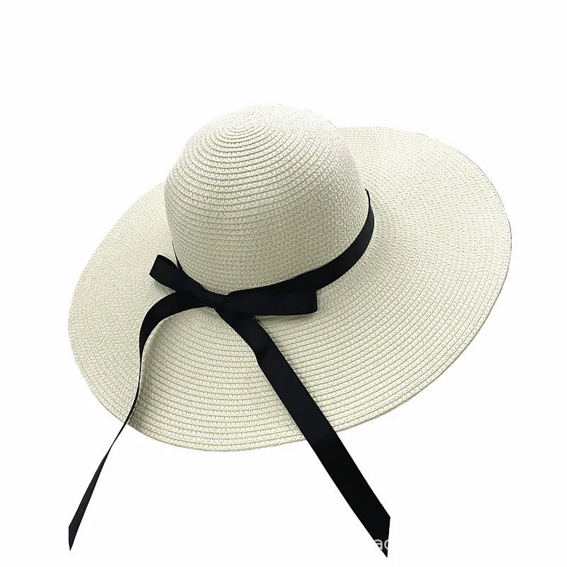 women's vacation solid color bowknot big eaves straw hat