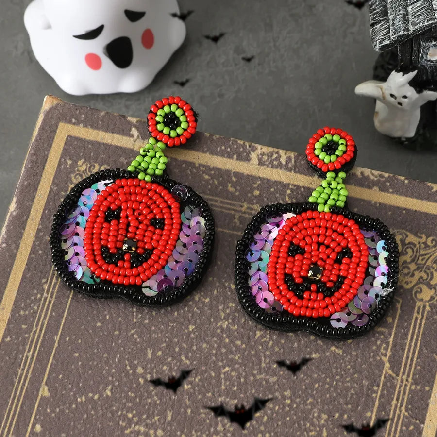 New Halloween Pumpkin Ear Cuff Quirky Individualistic Rice Bead Dangle Earrings Exaggerated Design Sense Fashion Jewelry