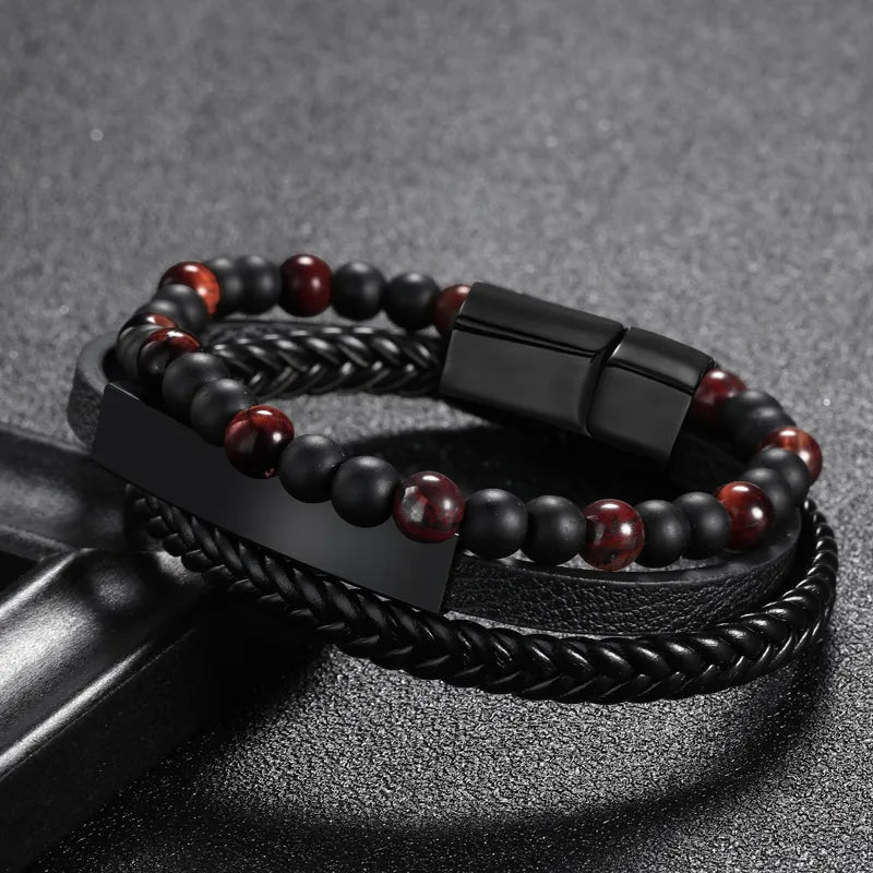 1 piece fashion round pu leather alloy beaded layered patchwork men's bracelets