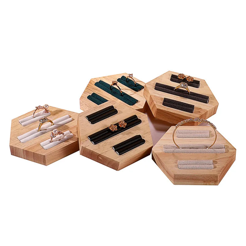 Wooden Jewelry Display Stand Ring Holder Shop Window Props Stall Selling Hexagonal Pattern Real Wood Craft Academic Style