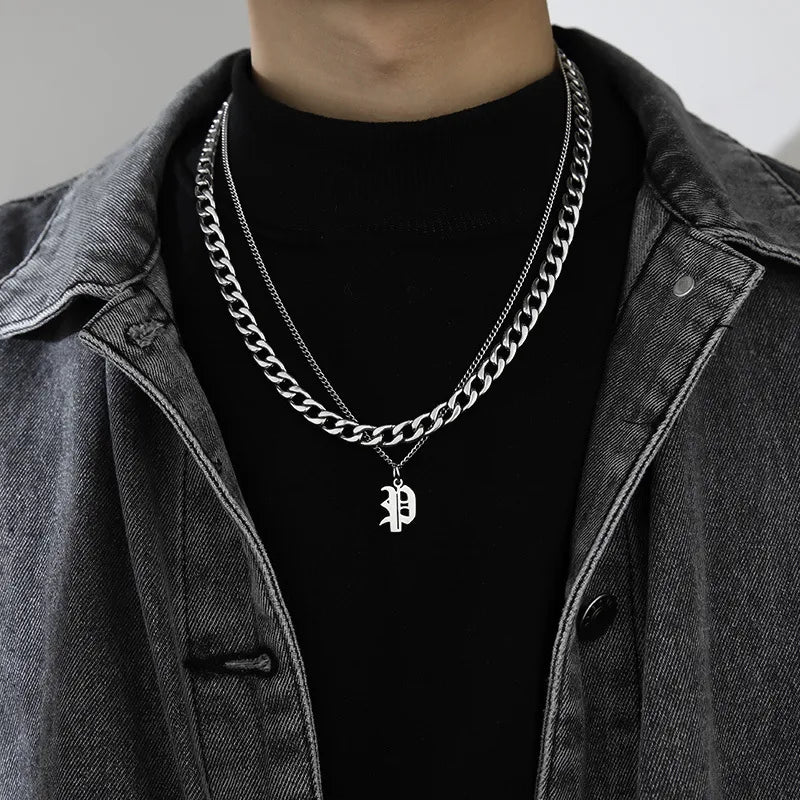 simple style letter titanium steel gold plated layered necklaces in bulk