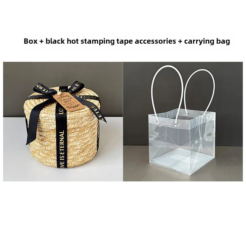 Round Straw Box with Lid Hug Bucket Rattan Hand Gift Box Baking Wedding  Storage Handmade Woven Box