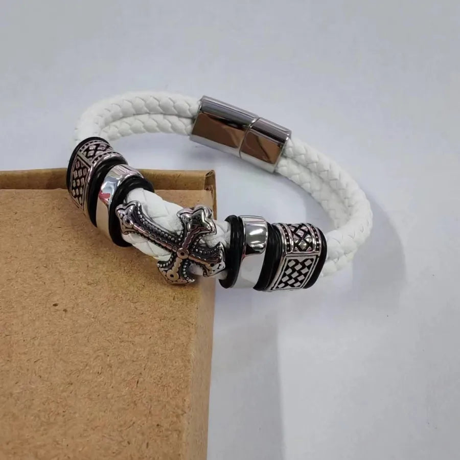 popular leather cross stainless steel bracelet metal accessories genuine leather bracelet men's bracelet jewelry
