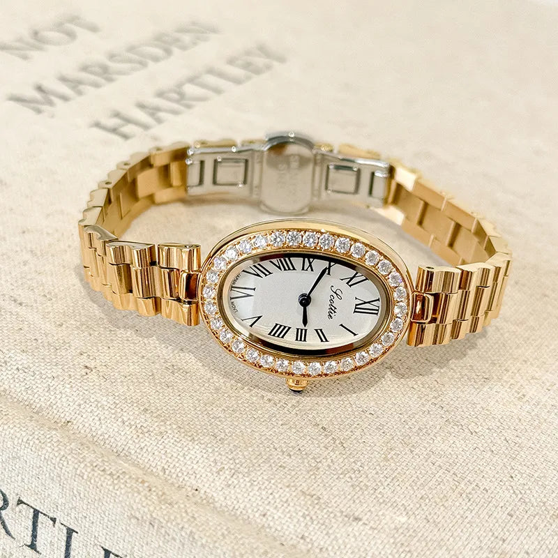 Elegantly Crafted Roman Steel Band Quartz Watch For Women Small Dial Oval Shape Diamond Embedded Fashionable Timepiece