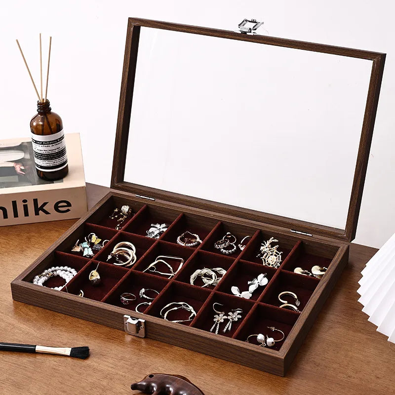 Walnut Wooden Jewelry Storage Box Earring Necklace Ring Organizer Dustproof Display Stand For Vendors Luxury Jewelry Case