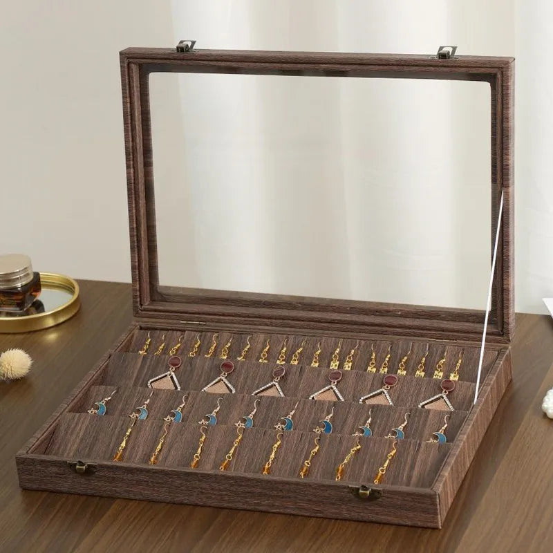 Retro Style Wooden Texture Leather Jewelry Box With Glass Lid Dustproof Storage For Rings Necklaces Bracelets Accessories Display