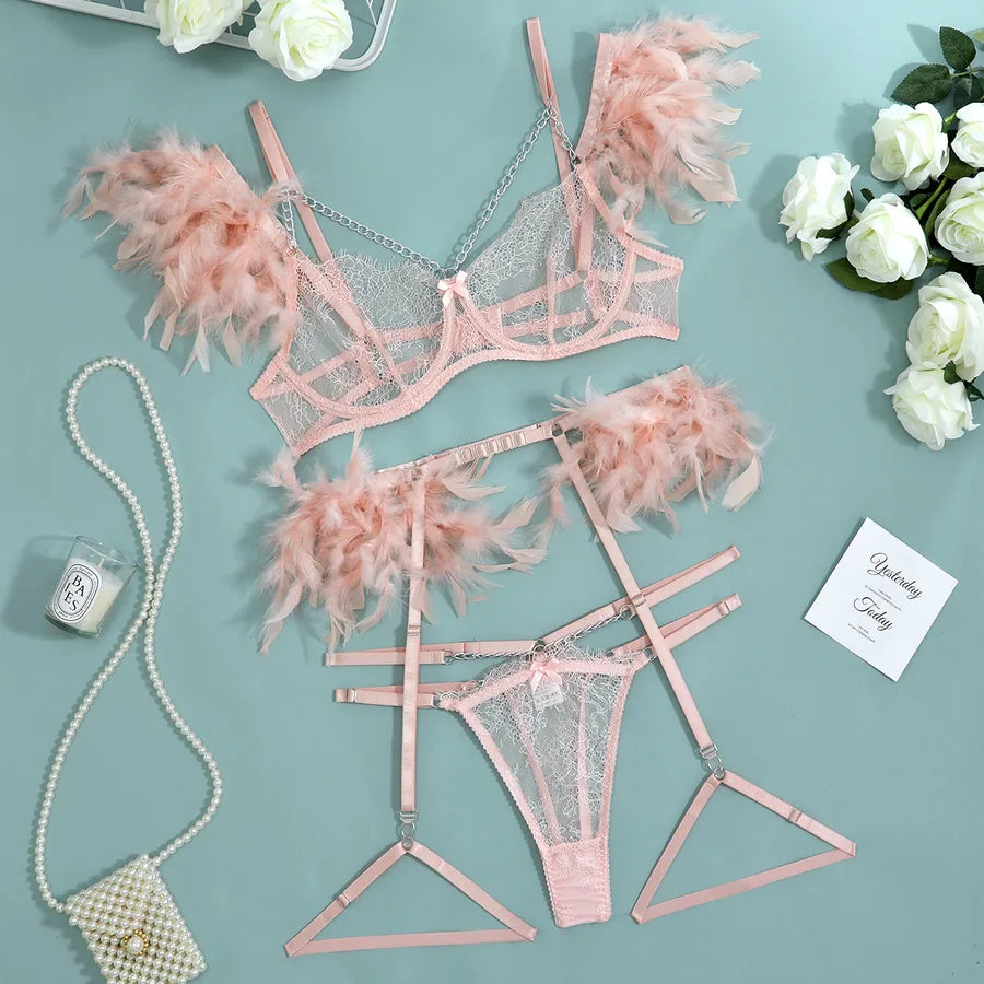 feather floral lace bras sexy feather lace backless low waist thong sexy lingerie