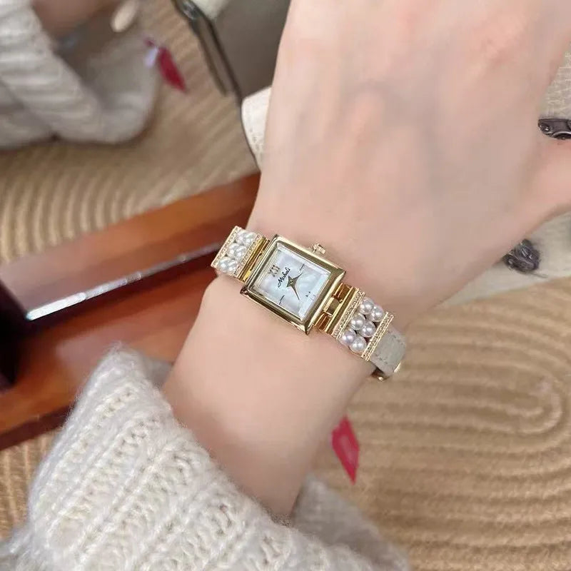 Luxurious Pearl Women's Watch Genuine Leather Strap Quartz Movement Square Face Fashionable Minimalist Design New  Model