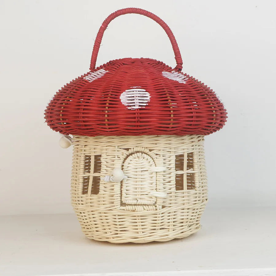 Woven Acorn Handbag Handmade Rattan Mushroom Storage Box Children's Toy Basket with Lid Storage Basket Photography Props
