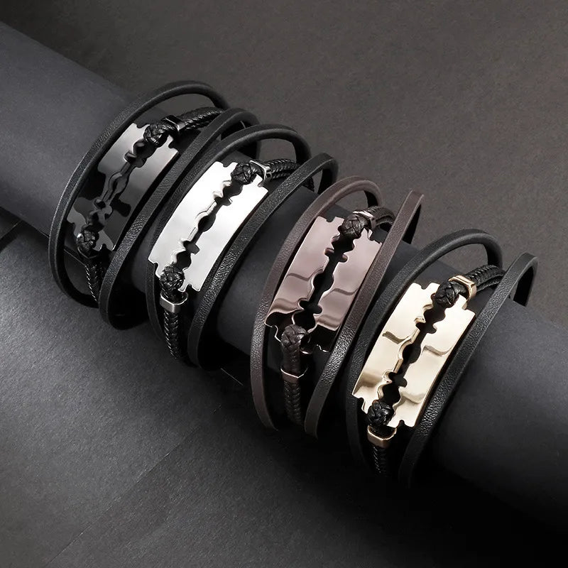 Hip-Hop Retro Color Block Pu Leather Titanium Steel Plating 18K Gold Plated Men's Bracelets