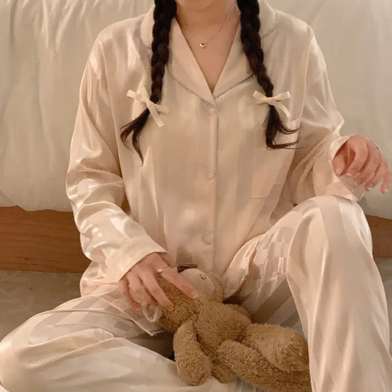 Pure Color Lace Splice Smooth Ice Silk Sleepwear Set Women Long Sleeve Long Pants Two Piece Set High-End Sensation Home Clothes