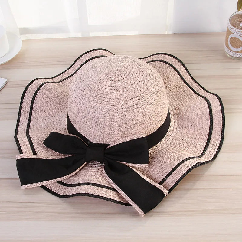 women's elegant pastoral simple style waves bowknot big eaves straw hat