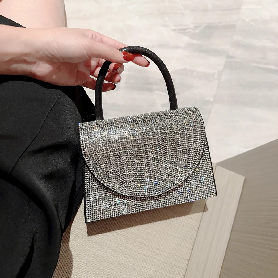 gold silver black polyester solid color rhinestone square evening bags