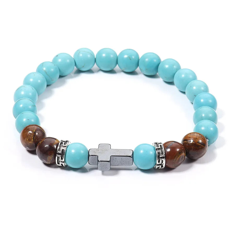 Hot-Selling Cross Beaded Bracelet Turquoise Tiger Eye Stone Men's Bracelet Yiwu Jewelry Wholesale Stall