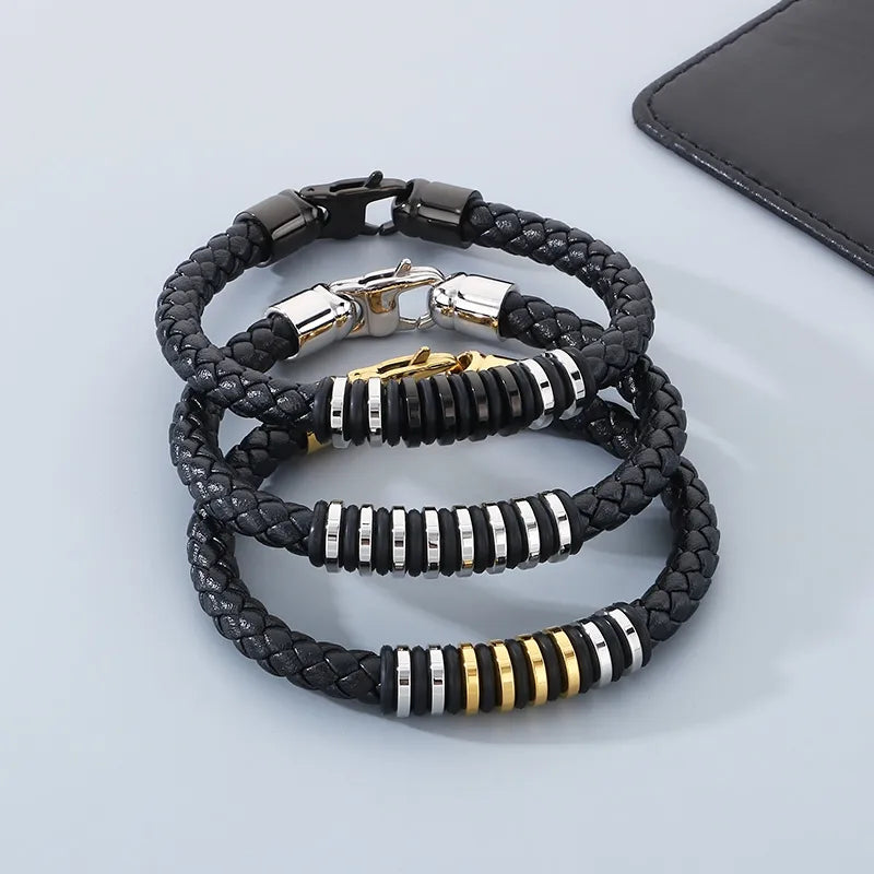 Business Geometric 304 Stainless Steel 18K Gold Plated Men's Bangle Men Cord & Leather Bracelets