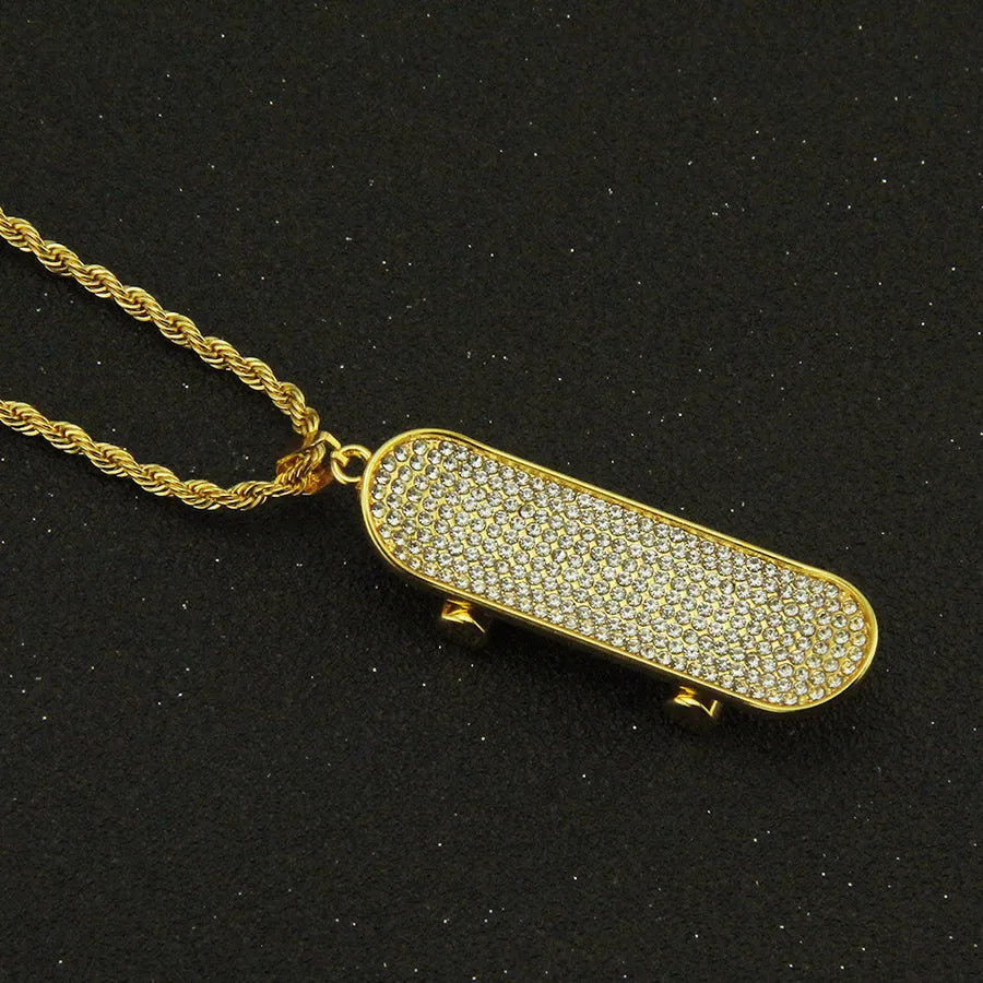 Hot Sale Creative Best-Seller Men's Necklace Diamond Three-Dimensional Skateboard Pendant Hipster Fashion Accessories