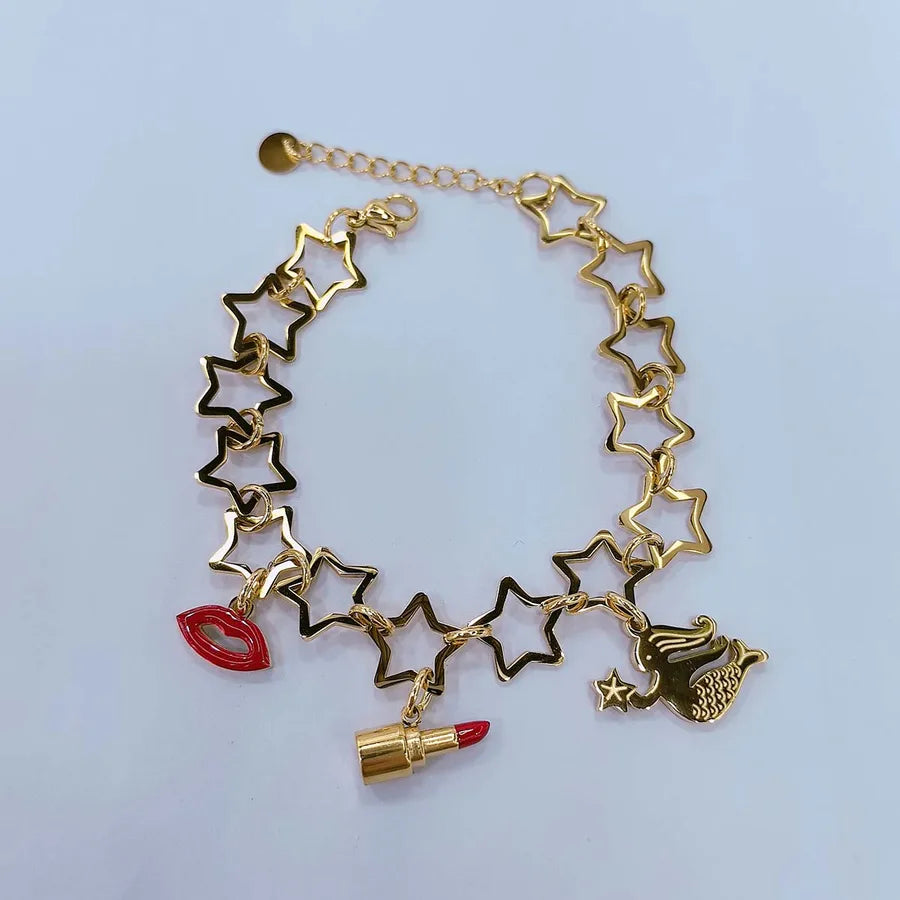 Casual Lady Sexy Lipstick Lips Star 304 Stainless Steel 18K Gold Plated Handmade Chain Bracelets In Bulk