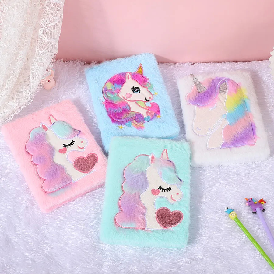 Adorable Cartoon  Shiny Plush Notebook Student Bullet Journal Bright Color  and White Base  and Pink Base