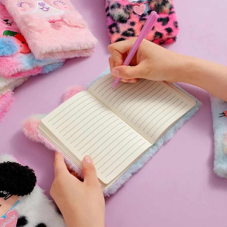 Cartoon Plush Cat Dog Notebook Set Of 2 With Pen Children's Cute Writing Notebook Gift Book Colorful Furry Leopard Pattern