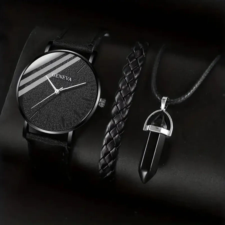 Men's watch and 1 piece exquisite leather bracelet plus 1 piece bullet ornament necklace