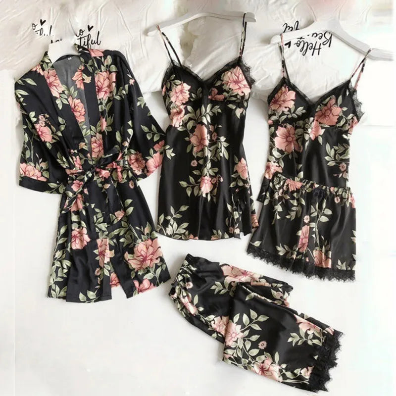 Home Outdoor Daily Women's Elegant Sexy Flower Spandex Satin Pants Sets Pajama Sets