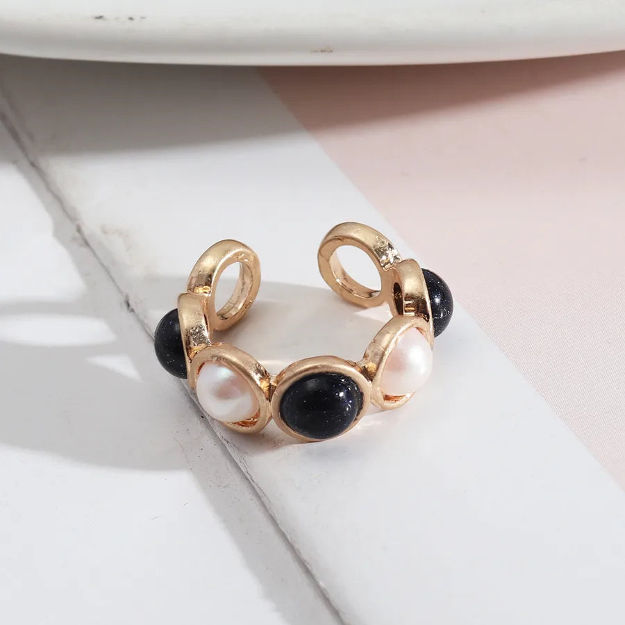 1 piece retro round alloy inlay natural stone resin pearl women's open ring