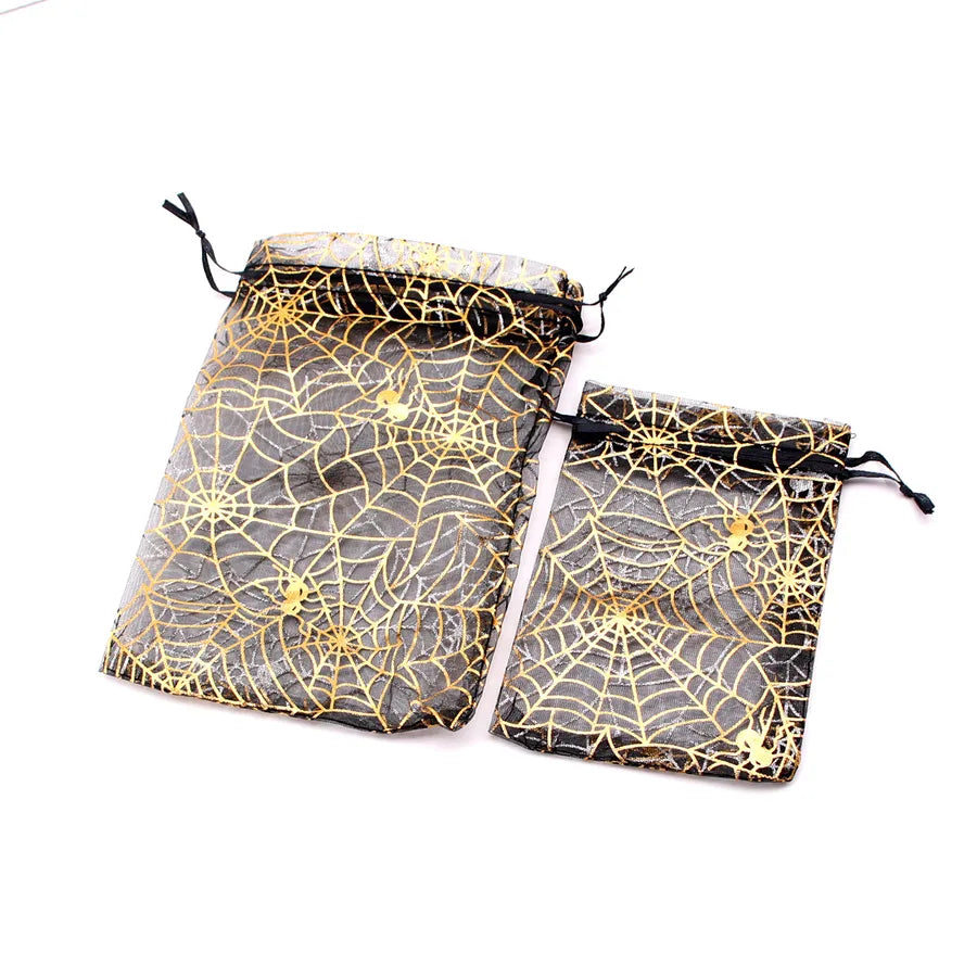 Halloween Candy Storage Bag Drawstring Golden Embossed Spider Web Jewelry Bag Gift For Halloween Cloth Material