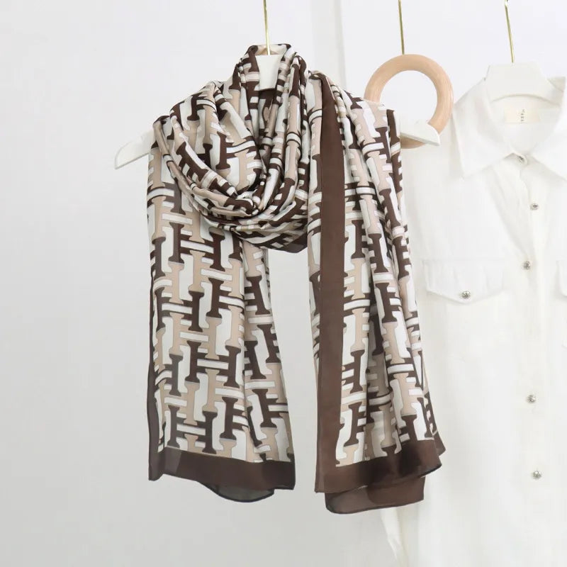 women's fashion letter plaid satin printing silk scarves