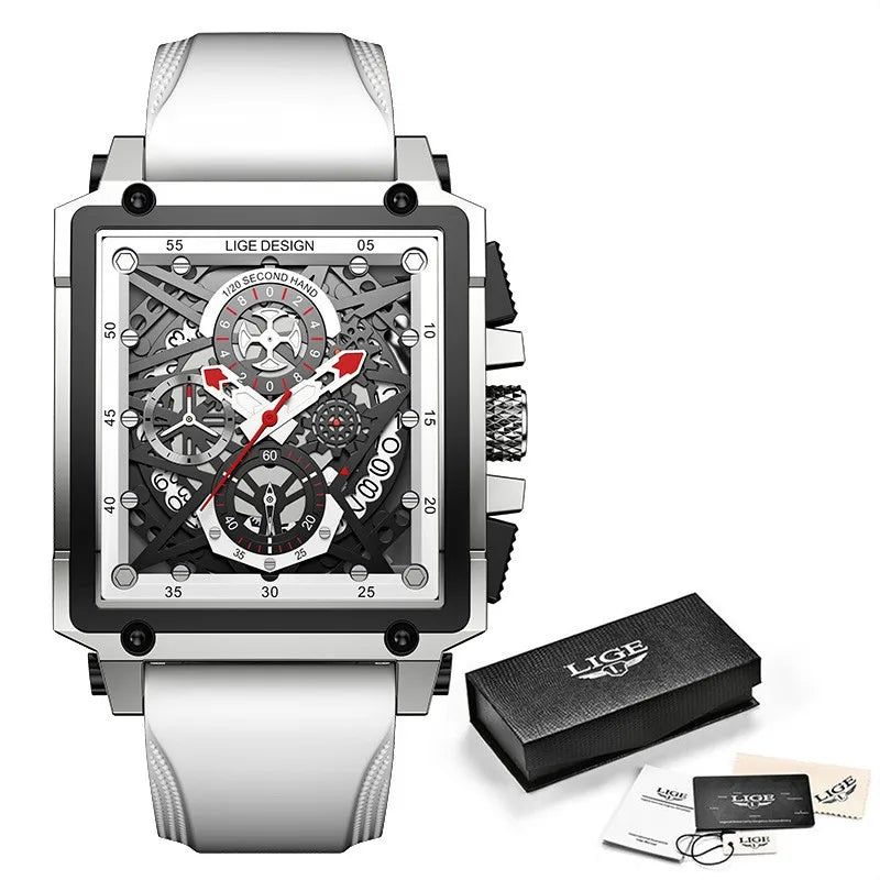 LIGE/LIGE  new men's watch Square multi-function chronograph 30m waterproof watch