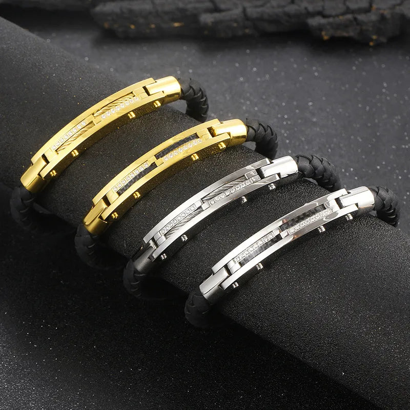 Hip-Hop Retro Color Block Pu Leather Titanium Steel Inlay Zircon 18K Gold Plated Men's Bangle