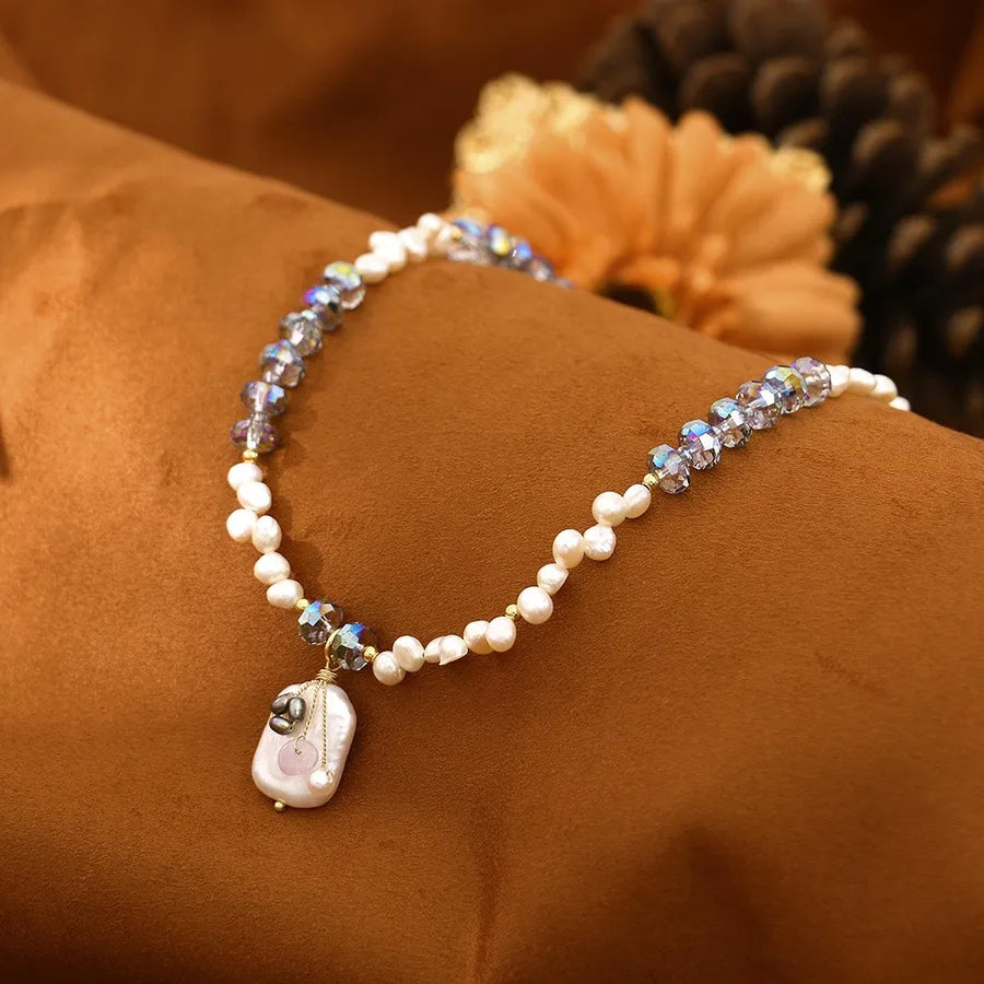Artificial Crystal Freshwater Pearl Vacuum Plating ball chain Oval Necklace