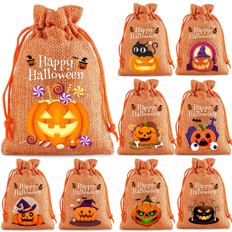 2025 New Halloween Linen Drawstring Gift Bag Pumpkin Shaped Sealed Mouth Bag Cartoon Style Heat Transfer Process Ladies Handbag