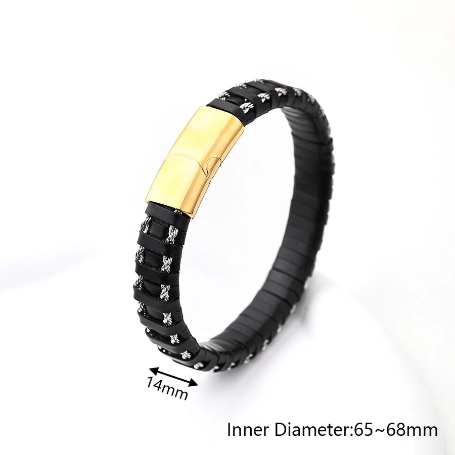 Casual Vacation Streetwear Simple 18K Gold Plated 304 Stainless Steel Genuine Cowhide Wholesale wristband