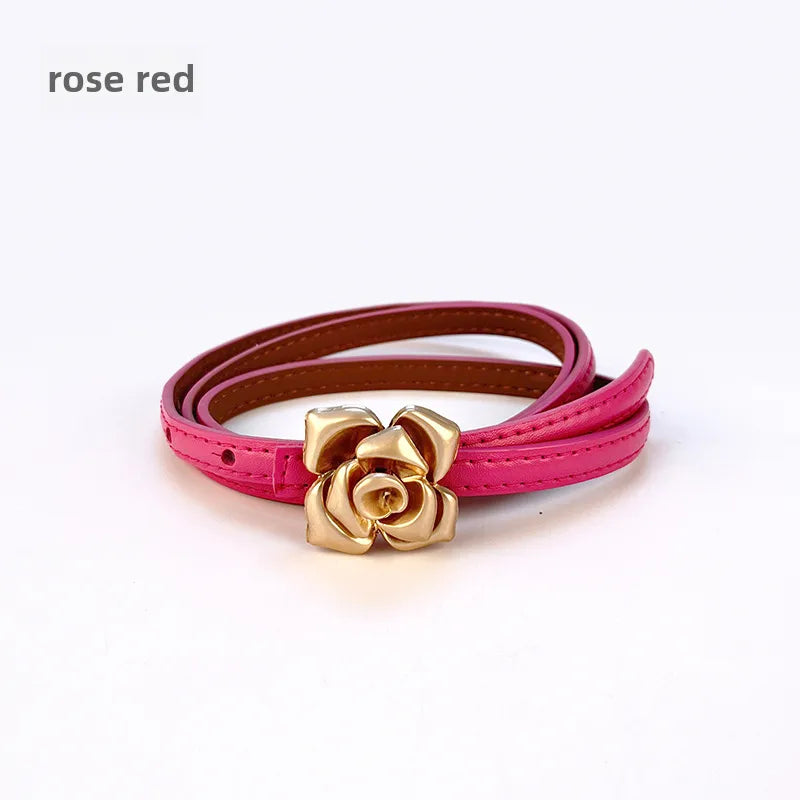 New Genuine Leather Women's Thin Belt Women's Flower Waist Slim Cowhide Women's Belt with Sweater Dress