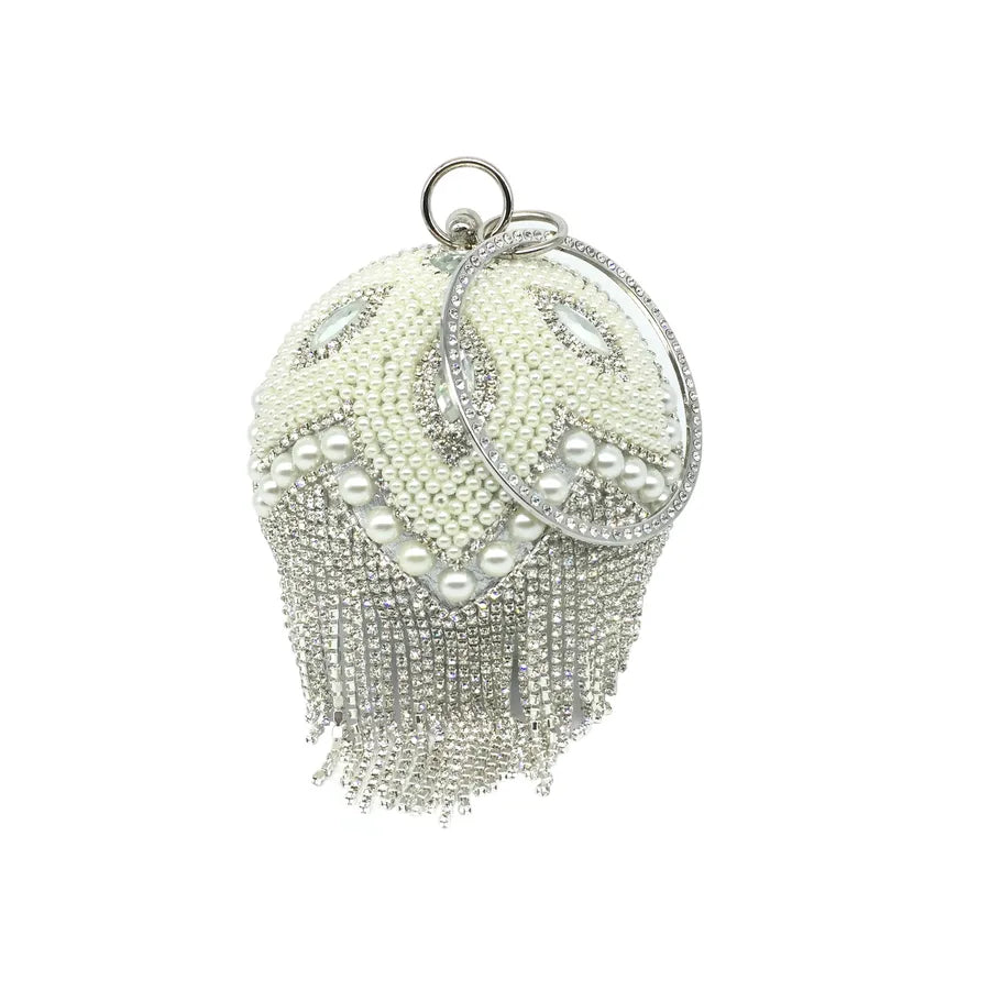 gold silver rhinestone solid color tassel pearl round evening bags