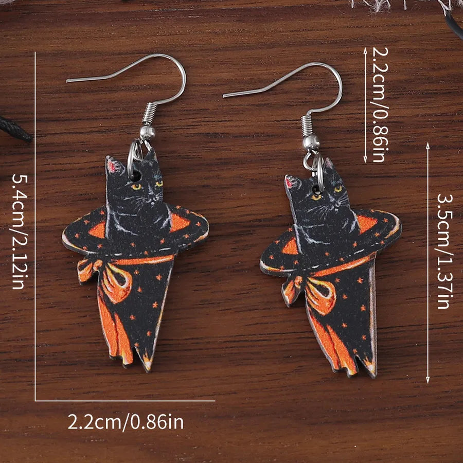 Halloween Cute Angel Cat Magic Hat Black Cat Pendant Earrings Ladies Vintage Wooden Gothic Style Double-Sided Ear Jewelry Party Gift