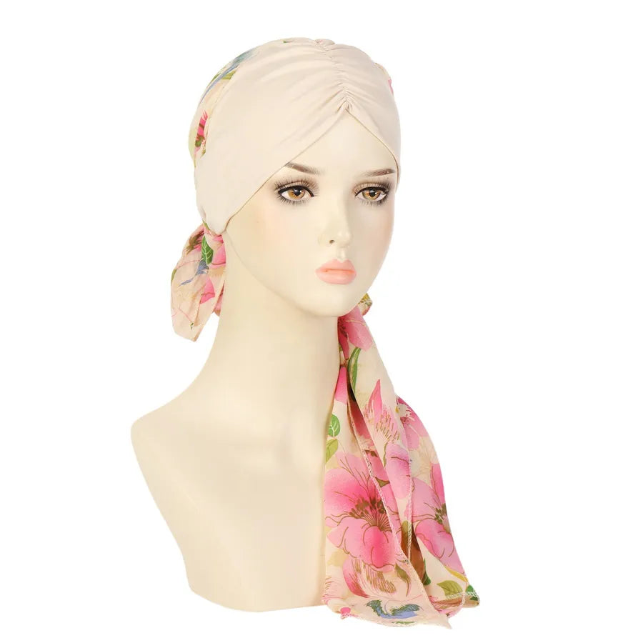 Fashionable Floral Print Chiffon Long Tail Headscarf Hat Women's Head Wrap Cap Winter Summer Spring Seasonal All-Match Hat
