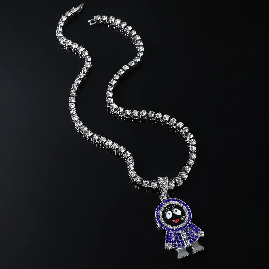 5mm Tennis Chain Tennis Chain   Blue Diamond Small Black Face Cartoon Full Diamond Hip Hop Necklace