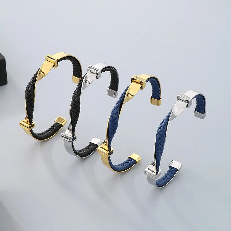 Simple Style Geometric 304 Stainless Steel Inlay Rhinestones 18K Gold Plated Men's Bangle