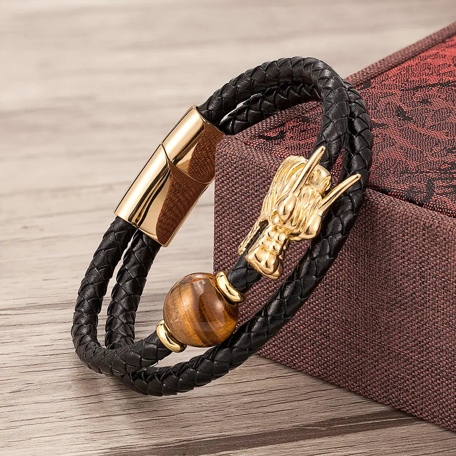 chinoiserie casual retro round dragon stone metal handmade metal button men's bracelets