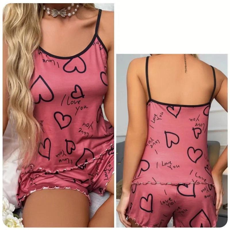 Home Women's Vacation Simple Style Heart Shape Nylon Shorts Sets Pajama Sets
